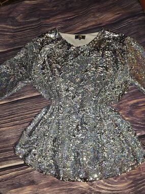 L&B Silver Sequin Peplum Top